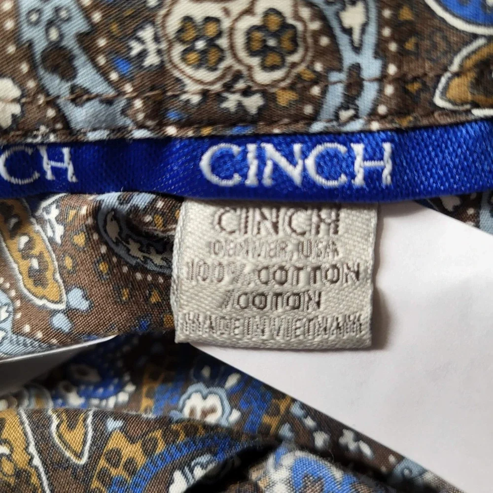 Cinch Men Button Up Shirt L Gray Logo Patch Embroidery‎ Paisley Western